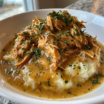 Shredded crockpot chicken and savory gravy served over creamy mashed potatoes with fresh herbs.