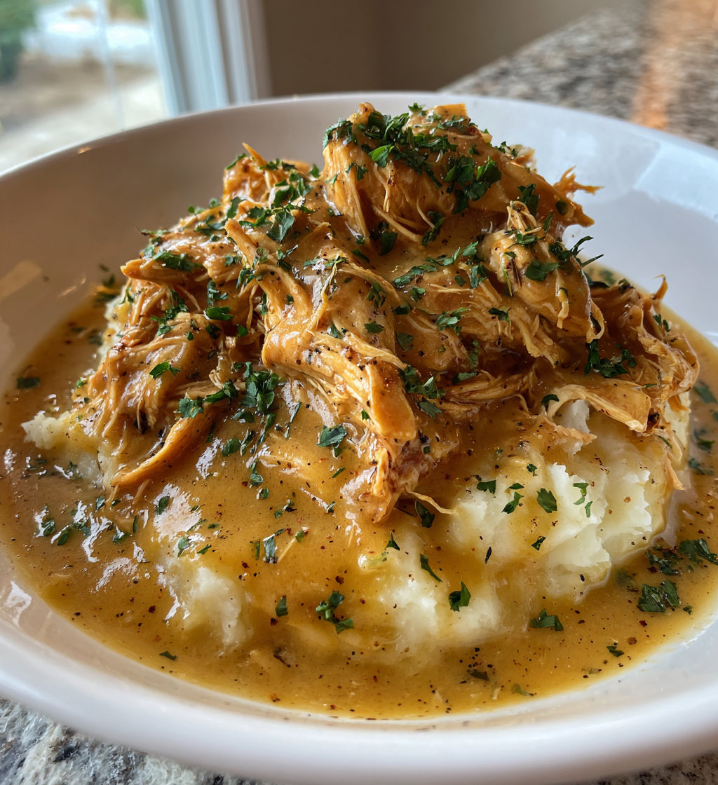 Shredded crockpot chicken and savory gravy served over creamy mashed potatoes with fresh herbs.