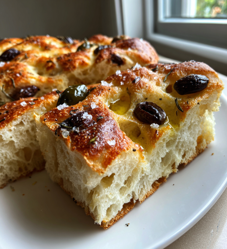 Slices of freshly baked olive focaccia bread with black olives, sea salt, and herbs.