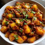 Hearty one-pan Sloppy Joe potato skillet with ground beef and fresh parsley garnish.