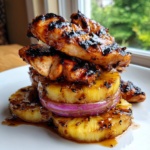 Hawaiian Huli Huli chicken stacked on grilled pineapple and red onion slices.