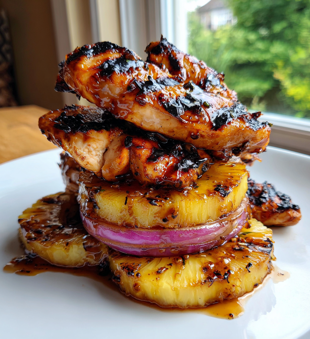 Hawaiian Huli Huli chicken stacked on grilled pineapple and red onion slices.