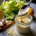 Creamy homemade Caesar dressing dripping into a jar with fresh lettuce, lemon, and garlic.