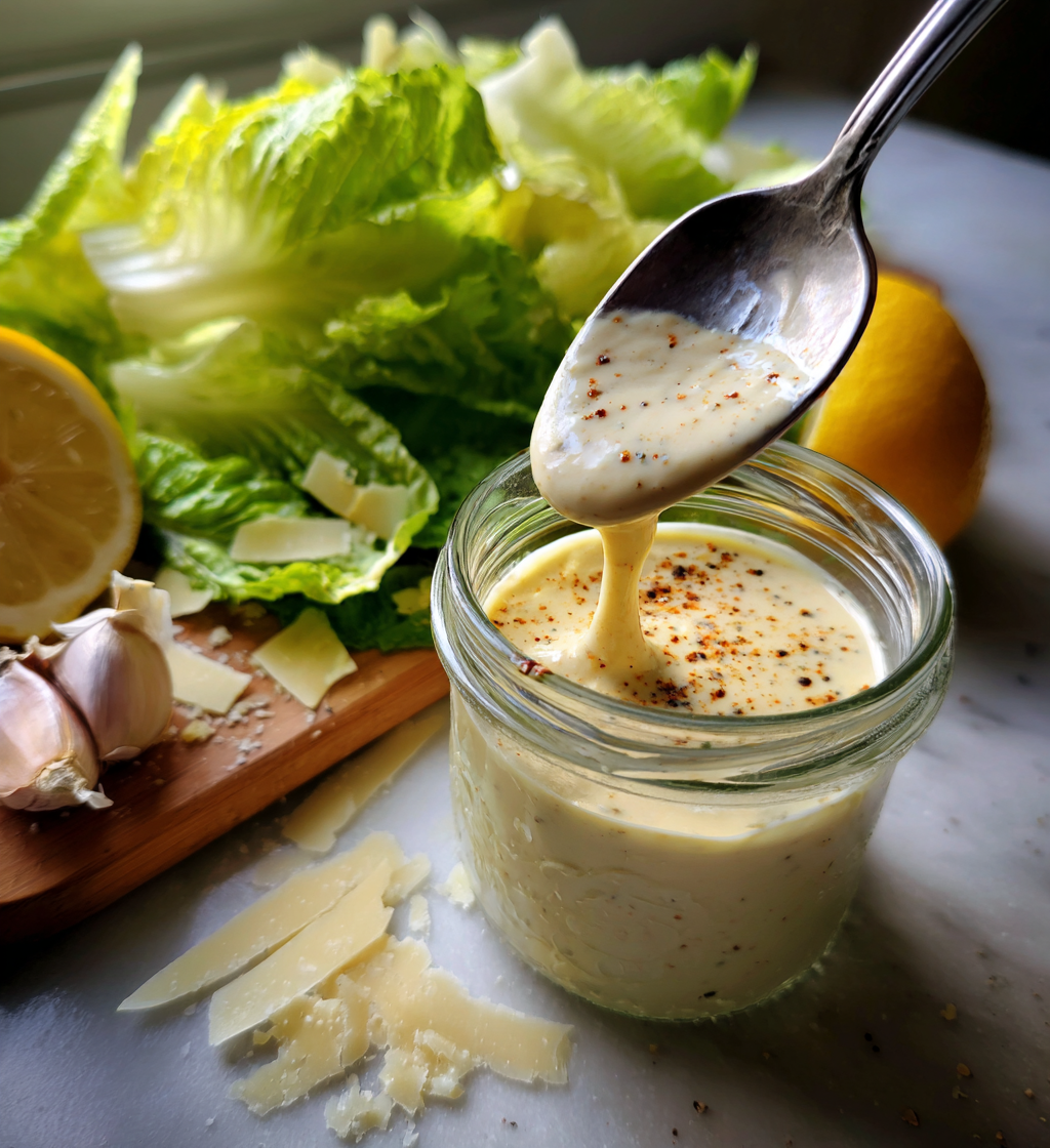 Creamy homemade Caesar dressing dripping into a jar with fresh lettuce, lemon, and garlic.