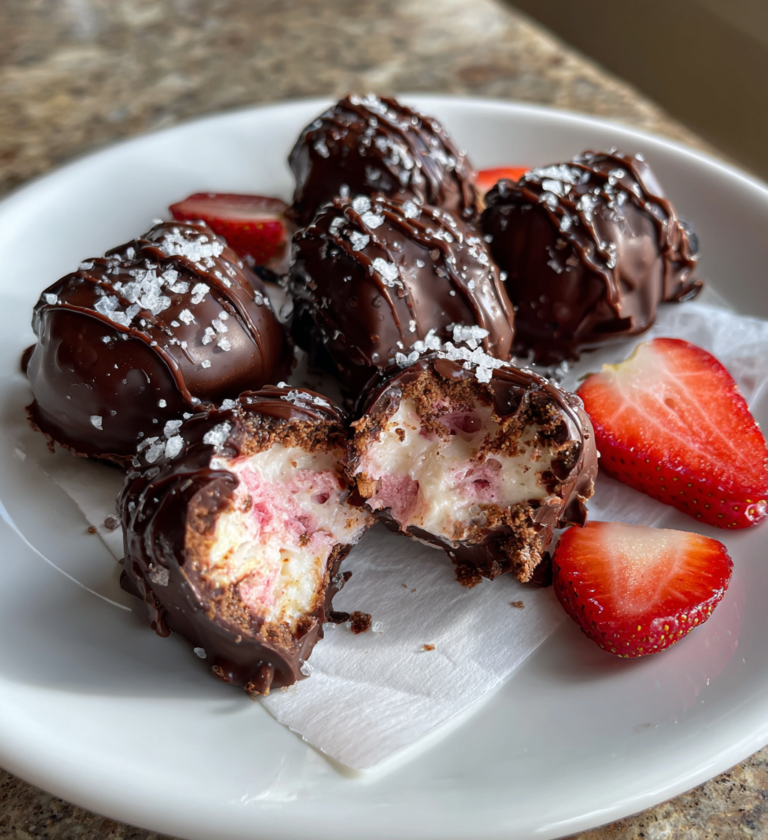 Chocolate-covered strawberry yogurt clusters topped with sea salt and fresh strawberry slices.