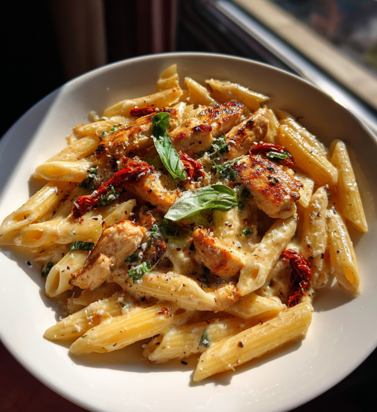 A bowl of creamy Marry Me chicken pasta with penne, sun-dried tomatoes, and fresh basil.