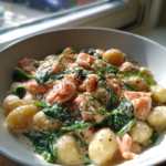 Healthy smoked salmon gnocchi with spinach and creamy sauce topped with fresh dill.
