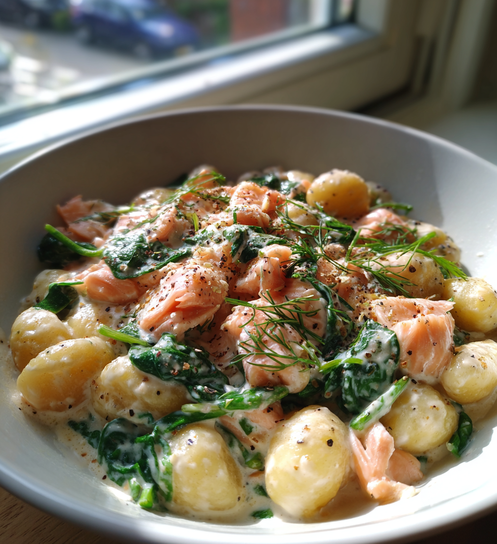 Healthy smoked salmon gnocchi with spinach and creamy sauce topped with fresh dill.