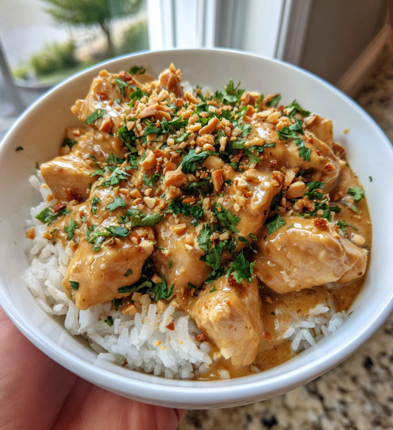 Creamy Thai peanut chicken over white rice topped with crushed peanuts and fresh cilantro.