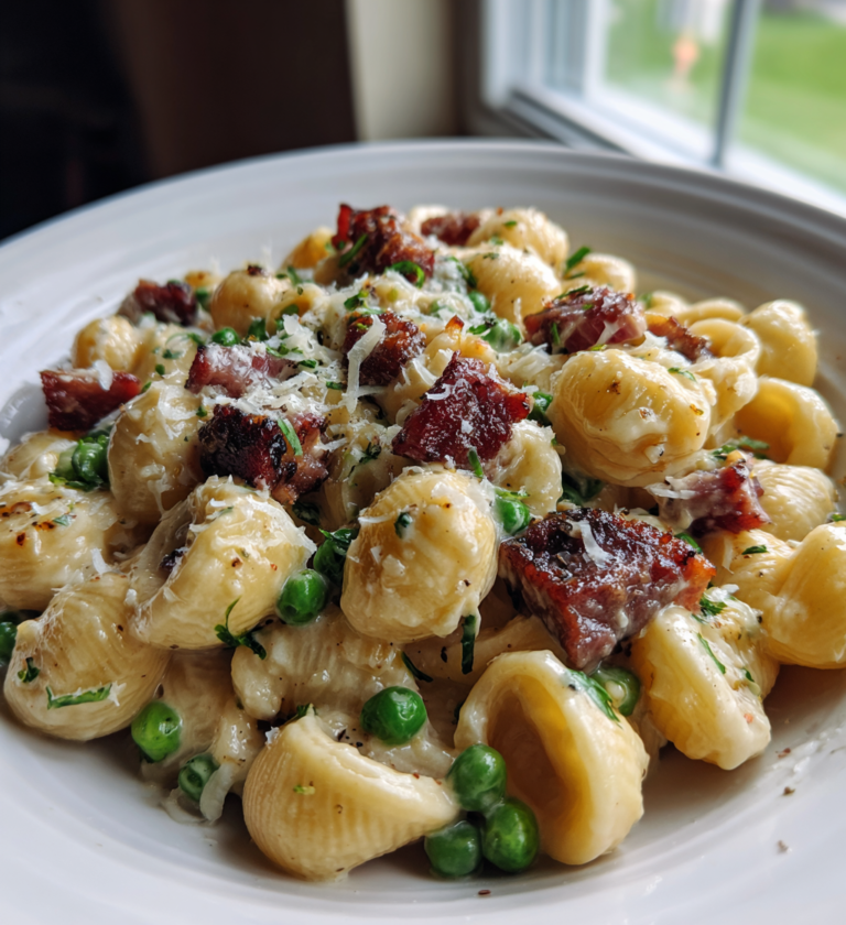 Creamy shell pasta with green peas, crispy pancetta, and grated parmesan cheese.