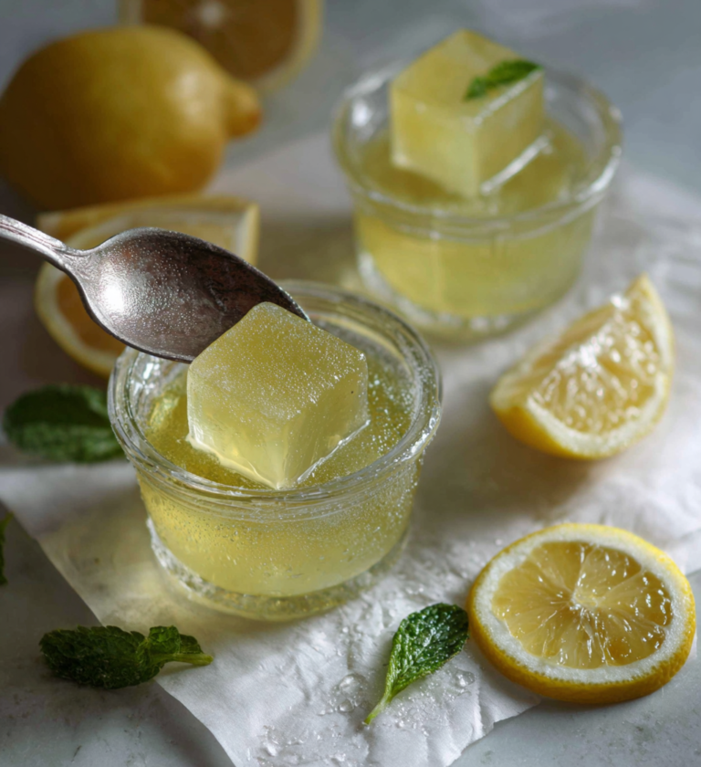 Easy lemon gelatin cubes in glass jars for a low-calorie weight loss snack.