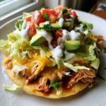 Rotisserie chicken tostada topped with fresh avocado, lettuce, cheese, and sour cream.