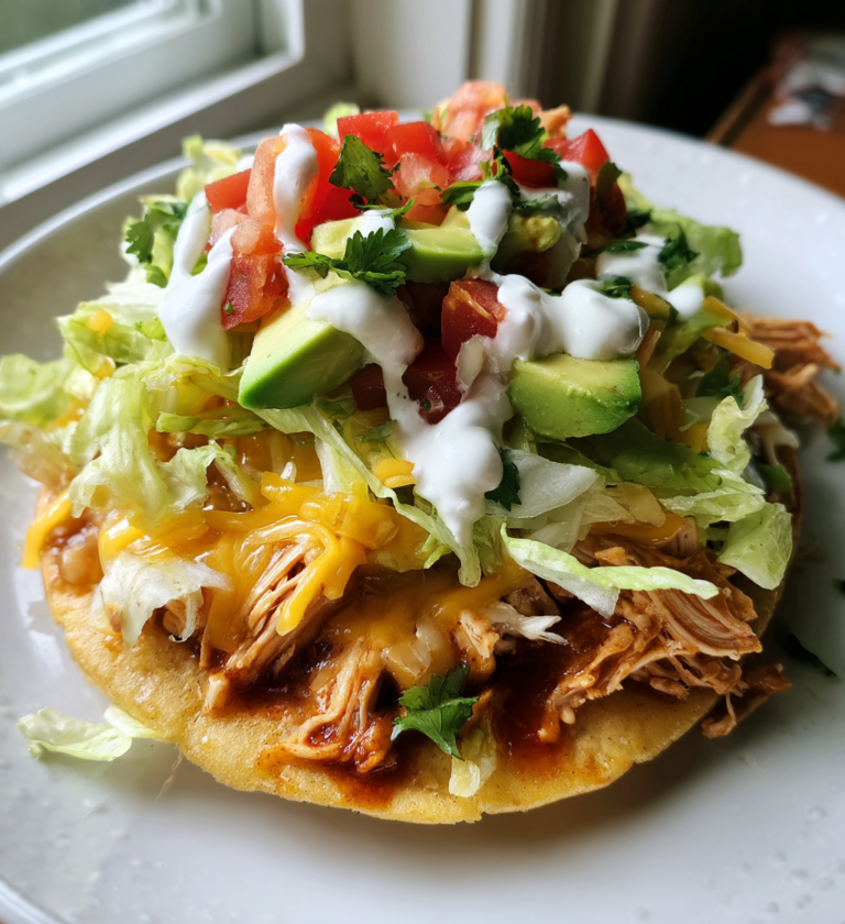 Rotisserie chicken tostada topped with fresh avocado, lettuce, cheese, and sour cream.