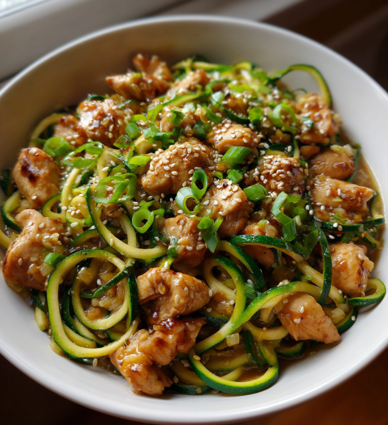 Garlic chicken zucchini noodles stir fry with sesame seeds and sliced green onions.
