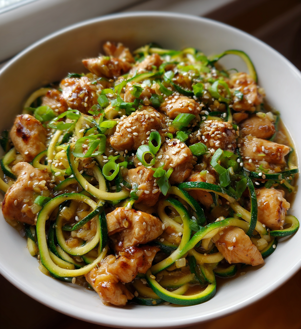 Garlic chicken zucchini noodles stir fry with sesame seeds and sliced green onions.