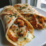 Two cheesy garlic chicken wraps with melted cheese and fresh parsley on a white plate.