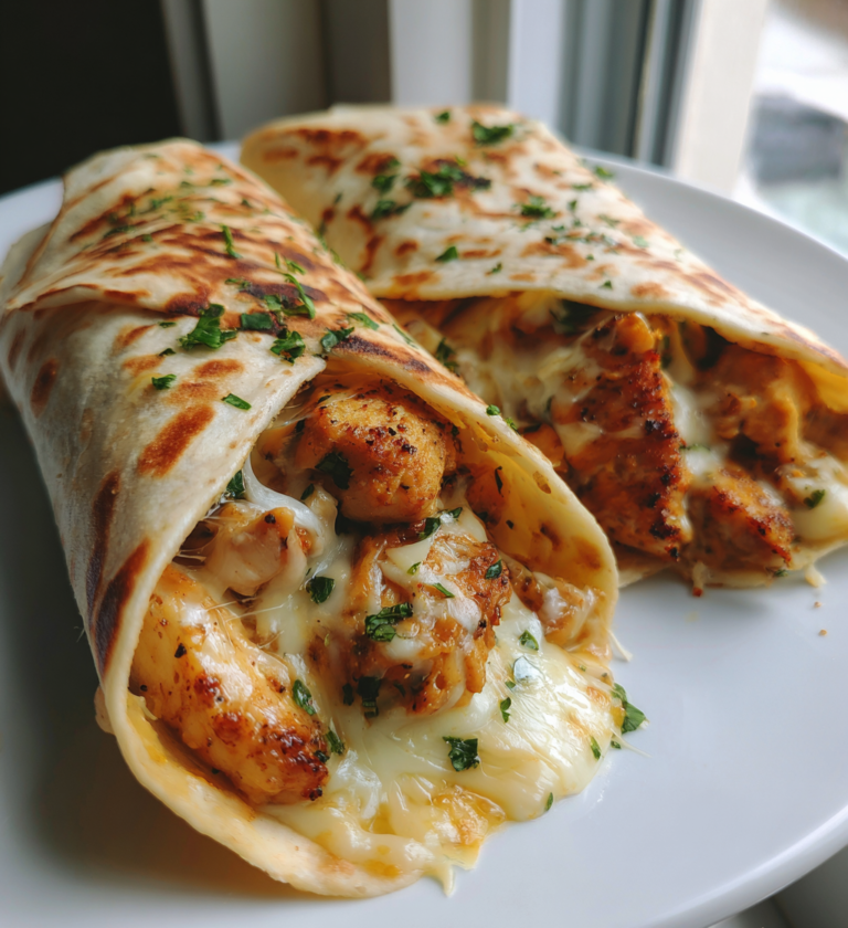Two cheesy garlic chicken wraps with melted cheese and fresh parsley on a white plate.