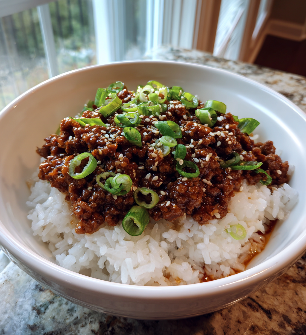 Savory Korean ground beef bowl served over white rice with green onions and sesame seeds.