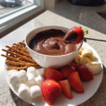 Creamy chocolate fondue platter with fresh strawberries, bananas, pretzels, and marshmallows for dipping.