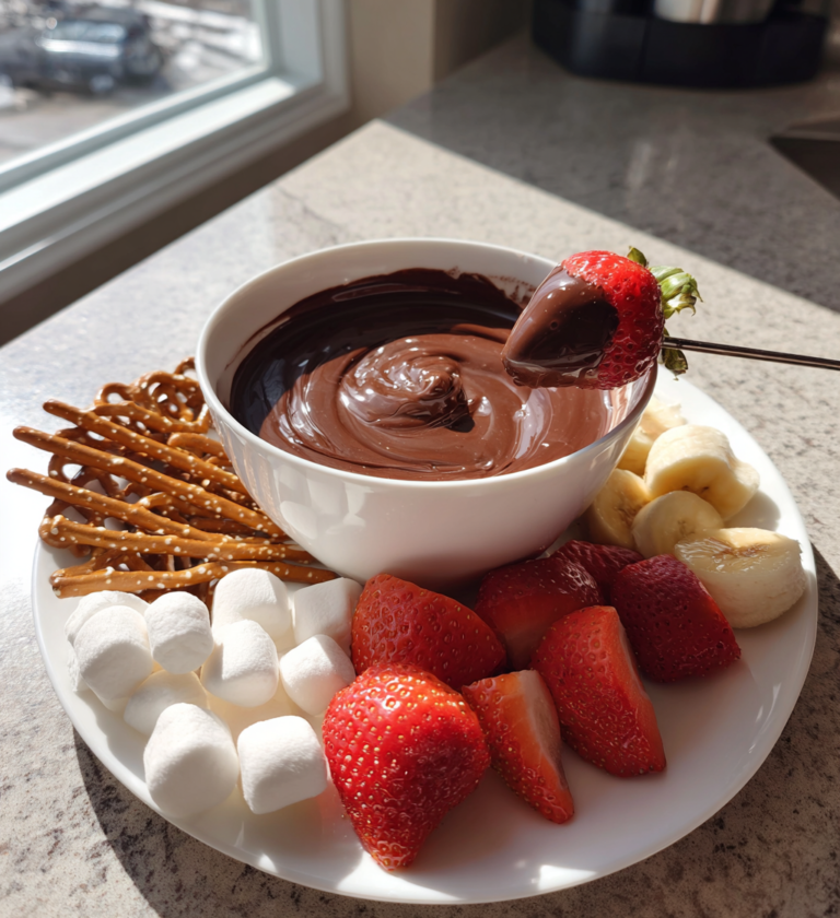 Creamy chocolate fondue platter with fresh strawberries, bananas, pretzels, and marshmallows for dipping.
