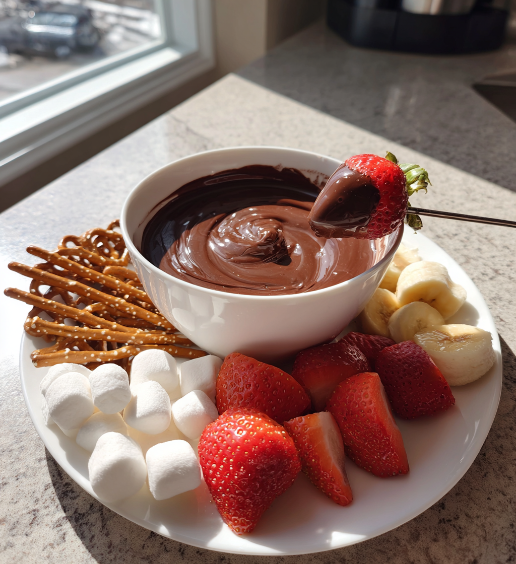 Creamy chocolate fondue platter with fresh strawberries, bananas, pretzels, and marshmallows for dipping.