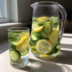 Flat belly detox drink with lemon, cucumber, and mint slices in a glass pitcher.