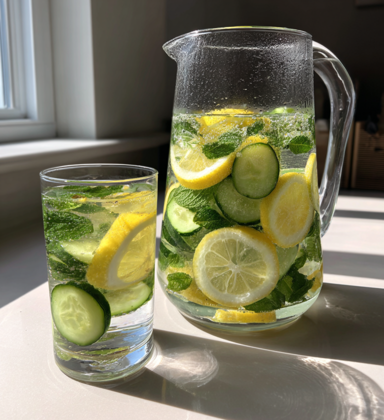 Flat belly detox drink with lemon, cucumber, and mint slices in a glass pitcher.