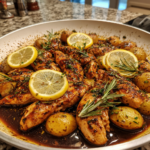 One-pan lemon balsamic chicken and potatoes garnished with fresh rosemary and lemon slices.