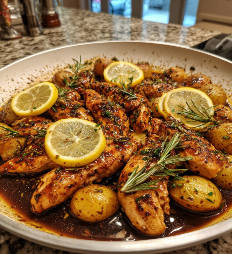 One-pan lemon balsamic chicken and potatoes garnished with fresh rosemary and lemon slices.